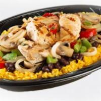 Chicken Bowl · Fresh grilled or fried chicken tenders top our big bowl full of yellow rice, black beans, on...