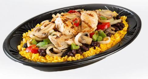 Chicken Bowl · Fresh grilled or fried chicken tenders top our big bowl full of yellow rice, black beans, onions, mushrooms, bell and cherry peppers.