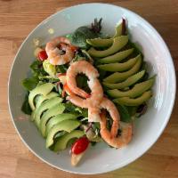 Shrimp and Avocado Salad  · Shrimp, avocado, lettuce, spring roll, apple, tomato, citrus dressing.