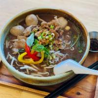 Boat Noodle · Thai signature noodle dish, rice noodle, beef with meat ball, Chinese broccoli, bean sprouts...