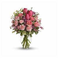 Full Of Love Bouquet · Spring into pink! Delicate roses, tulips and carnations fill a graceful vase with a cheerful...