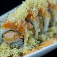 Ninja Roll  · Salmon tempura, krab salad, tempura flakes, spicy mayo, salmon, asparagus and eel sauce. 