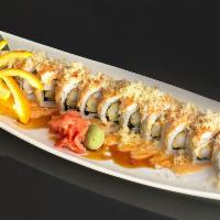 Threesome Roll · Rocking shrimp, shrimp tempura, cream cheese, and avocado topped with ebi shrimp, spicy mayo...