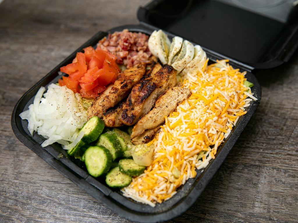 Grilled Chicken Salad · INCLUDE: grilled chicken, lettuce, tomatoes, onions, croutons, shredded cheese, boiled egg, bacon bits, and sliced mini cucumbers