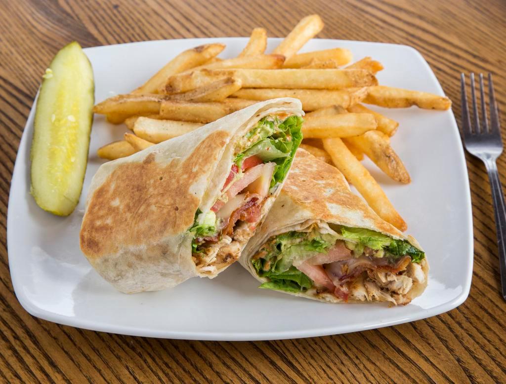 Chicken Bacon Avocado Wrap · Choice of meat with romaine lettuce, tomato, bacon, fresh avocado, Swiss cheese and chipotle mayo.