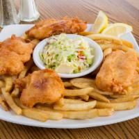 Hasp's Fish and chips · Fresh Atlantic cod, hand battered and golden fried in our Harp beer batter. Served with frie...