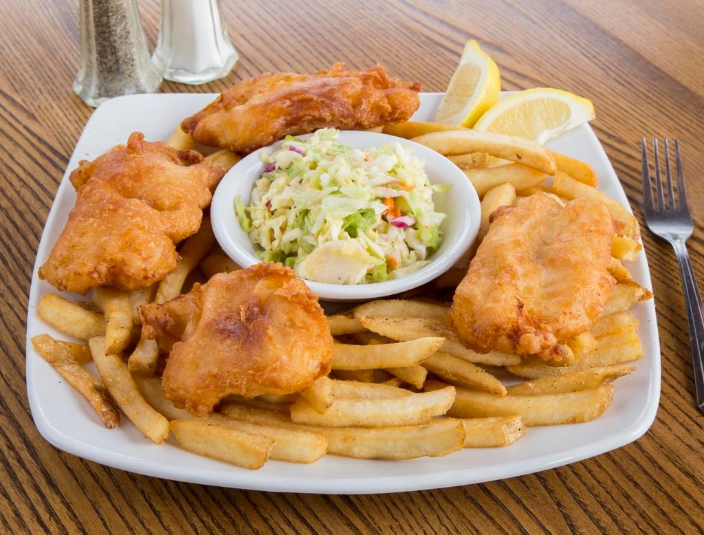 Hasp's Fish and chips · Fresh Atlantic cod, hand battered and golden fried in our Harp beer batter. Served with fries, coleslaw and English tartar sauce. An olde world favorite!.
