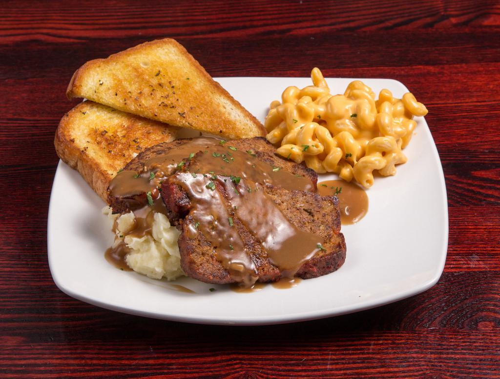 Murphy's Meatloaf Dinner · Delicious homemade meatloaf prepared with the finest beef and pork. It will leave you coming back for more. Served with mashed potatoes, Texas toast garlic bread and your choice of side.