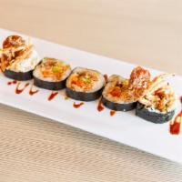 Spider Roll · 5 pieces. Deep fried soft shell crab, imitation crab, mixed with mayo, masago, avocado, gobo...