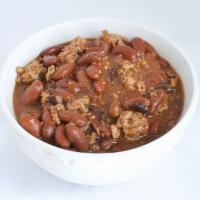 BBQ Turkey Chili · Ground turkey, black beans, kidney beans, peppers, onions, BBQ, side sour cream and cheese.