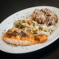 Grilled Salmon · Grilled salmon steak glazed with our special house glaze served with two sides