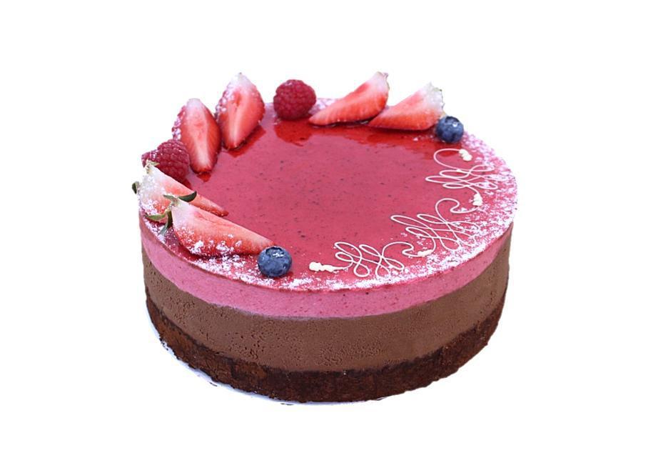 Raspberry Chocolate Whole Cake · Fruity and chocolatey. What a winning combo! This cake is comprised of chocolate cake, chocolate mousse, yellow cake, and topped with a raspberry mousse.