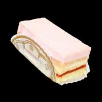 Guava Mousse · Light and Fruity Guava mousse layered with yellow cake.