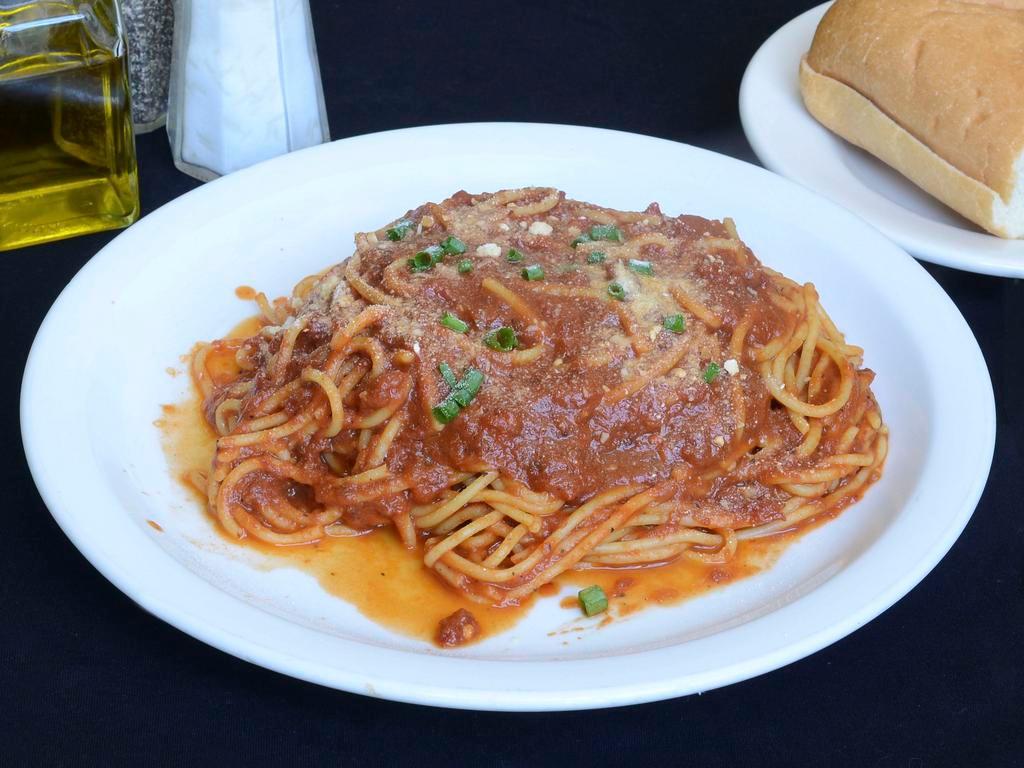 Spaghetti with Marinara Sauce · Featuring homemade tomato sauce with herbs and spices. Add 1 meatball for an additional charge.