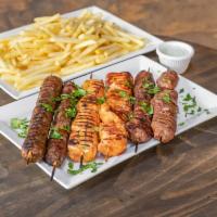 6 Mix Skewer · (2) chicken kebab, (2) beef kebab, (2) kafta beef kebab, Served with French fries, garlic, a...