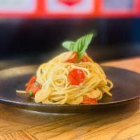 SPAGHETTI  CHECCA · fresh cherry tomatoes, garlic, olive oil & basil tossed with spaghetti