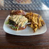 Veggie Burger · Homemade veggie patty with beans, lettuce, onion, tomato, chipotle mayo, and pepperjack chee...