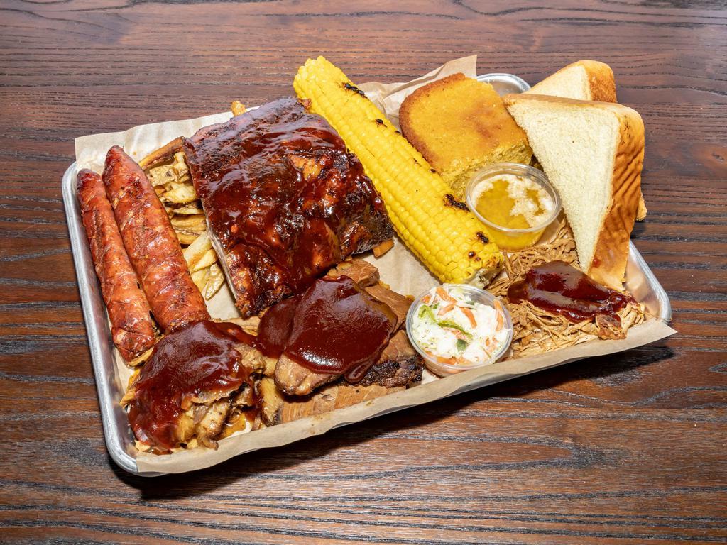 BBQ Platter · Ribs, hot sausage, chicken and pork slider, sliced brisket, corn on the cob, coleslaw and corn bread. Add salmon for an additional charge. 