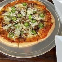 Ram Pa BBQ Pizza · Pulled pork or chicken, red onions, and jalapeno with a slow smoked BBQ bourbon sauce.