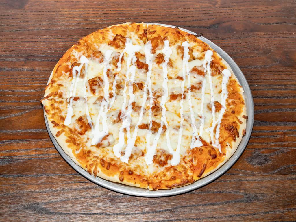 Chicken Buffalo Pizza · Breaded or grilled chicken with homemade Buffalo sauce with a drizzle of ranch.