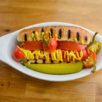 Chicago Dog · Traditional Chicago style dog with an all-beef Hebrew National hot dog, green relish, sport ...
