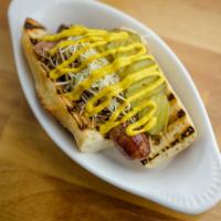 Cubano Dog · Everett's hot dog with house made pulled pork, stone ground mustard, sliced dill pickle, shr...