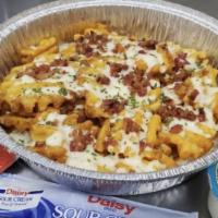 Loaded Fries · 3/4 lb. of seasoned fries, loaded with mozzarella and bacon. Includes a side of ketchup, ran...