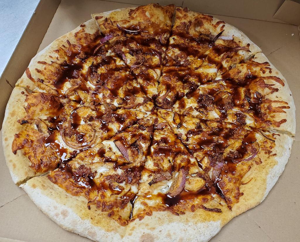 Cajun Q  · BBQ sauce, grilled chicken, bacon, red onions and Cajun spices.