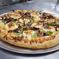 Let's Be Philly!  · Alfredo sauce, red onion, green peppers, mushrooms, cream cheese and chopped sirloin steak.
