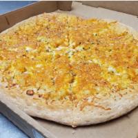Pat..Mac and Cheese Pizza · Cream cheese, cheddar, mozzarella, Alfredo sauce, rotini noodles, topped with more cheddar.
