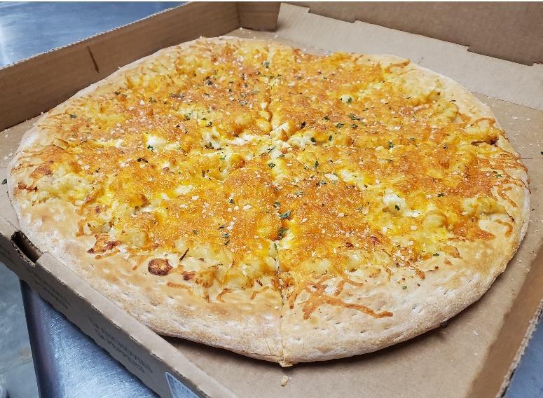 Pat..Mac and Cheese Pizza · Cream cheese, cheddar, mozzarella, Alfredo sauce, rotini noodles, topped with more cheddar.