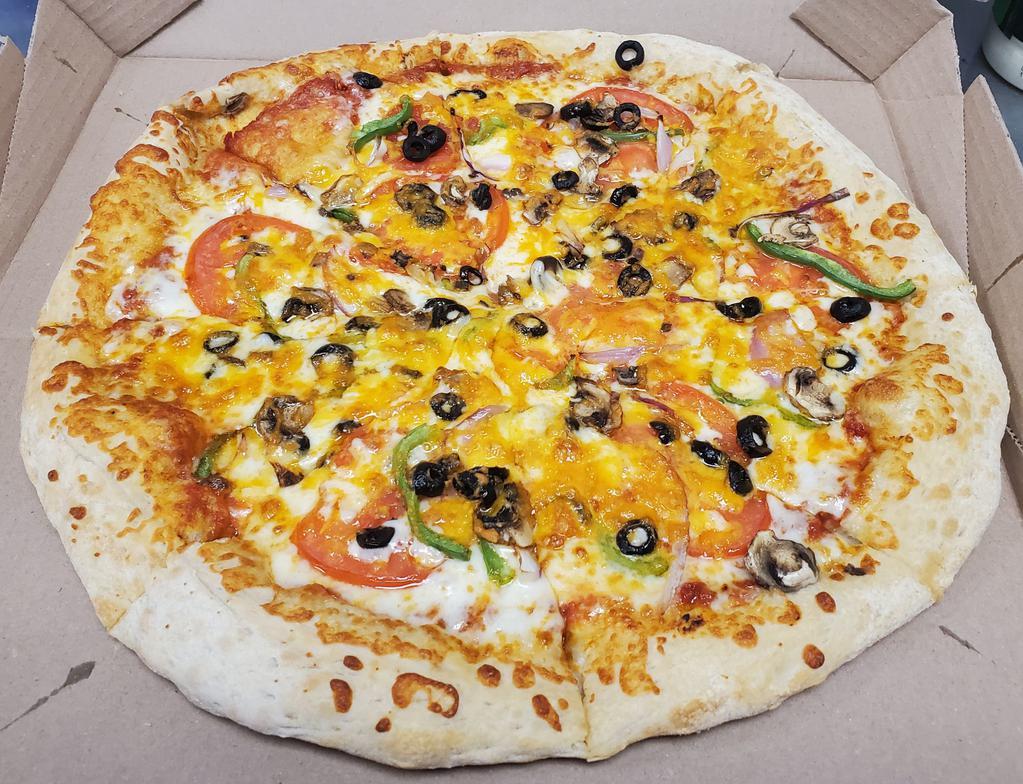 Jus Veggin · Marinara sauce, red onions, green peppers, fresh mushrooms, tomatoes, black olives, and cheddar.
