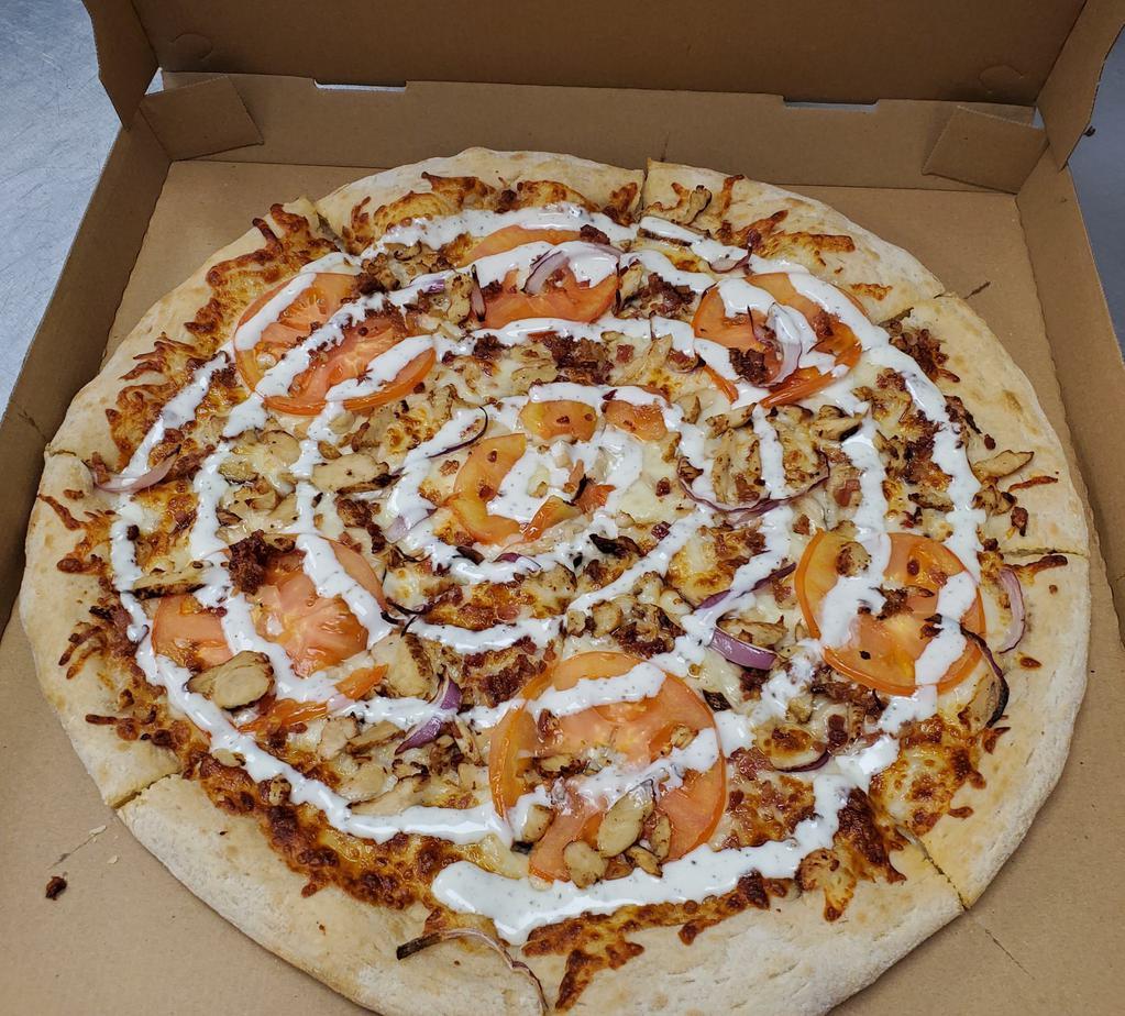 Chicken Bacon Ranch  · Ranch sauce on top, chicken, bacon, tomatoes, and red onions.
