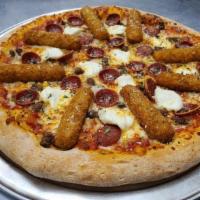 aMOZZing Fried Cheese Pie · Marinara sauce, Italian sausage, Mozz stix, cup and curl pepperoni, and ricotta cheese