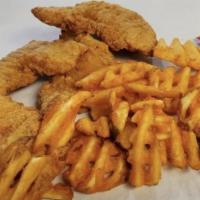 Kids Chicken Tenders and Fries · 4 chicken tenders and a handful of fries.
