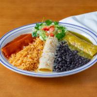 Trio Enchiladas · 3 chicken or beef enchiladas. Served with lettuce, rice, and black beans.