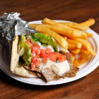 Gyro Special · Grilled lamb, lettuce, tomato, onion and tzatziki on a pita.