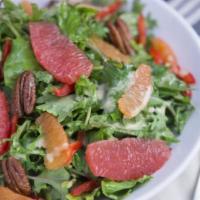 Kale-Ifornian Salad · Tuscan kale, orange and grapefruit supremes, avocado, bell pepper, candied pecans, with side...