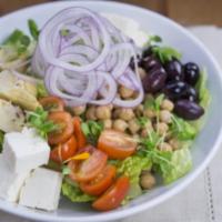 Mediterranean Salad  · Hearts of romaine, kalamata olives, tomato, cucumber, red onion, chickpeas, feta cheese, art...