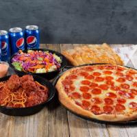 Family Special #1 · Large 1-Topping Pizza, House Garden Salad, Spaghetti with Meatballs, Bread and 4 Drinks.