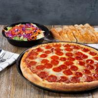 Pizza, Salad, and Bread Special · Large 1-Topping Pizza, Garden Salad, and Bread.