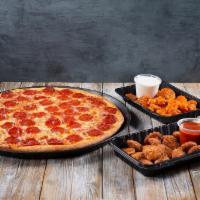 Large 1-Topping Pizza + 2 Sides · 1 Large 1 topping Pizza | 1 lb Boneless Wings & 1 lb Fried Cheese Ravioli