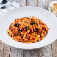 Penne Arrabiata · Fresh dices of tomatoes, black olives & capers in olive oil & garlic in spicy marinara on a ...