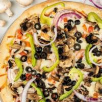 Vegetarian Pizza · Mushrooms, Black Olives, Green Peppers, Tomatoes & Onions