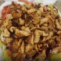 Greek Chicken Salad · Lettuce, tomato, cucumbers slices, pepperoncini, Greek olives, beets, feta cheese, chicken b...