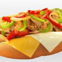 The Philly Cheesesteak Dog · Grilled steak, grilled peppers, and onions, American cheese, and Swiss cheese.
