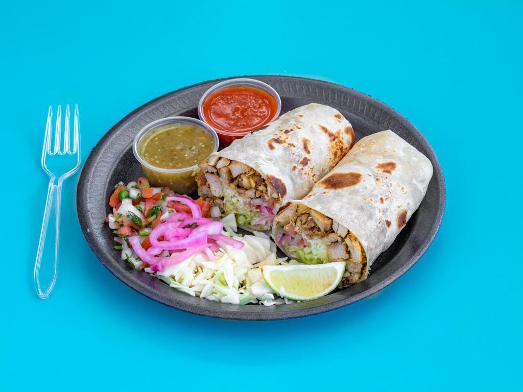 Chicken Burrito · Flour tortilla with chicken, loaded with your choice of rice, beans, cheese, pico, cabbage, pickled onions, sour cream and guac 