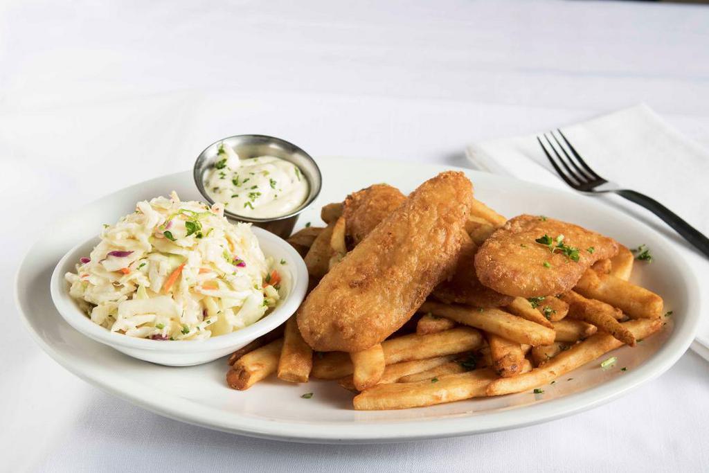 Fish & Chips · Filet of cod, fried golden brown in Pete’s beer batter, served with French fries, coleslaw and our homemade tartar sauce