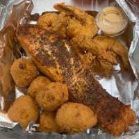 Salmon and 4 shrimp combo · 8oz piece of salmon with 4 fried shrimp and your choice of 1 side order