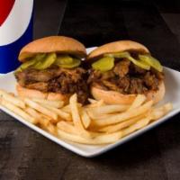 2 Pulled Pork Sliders · Hot Pulled Pork and BBQ sauce, on toasted slider buns, and  dill pickles.  Served with a sma...